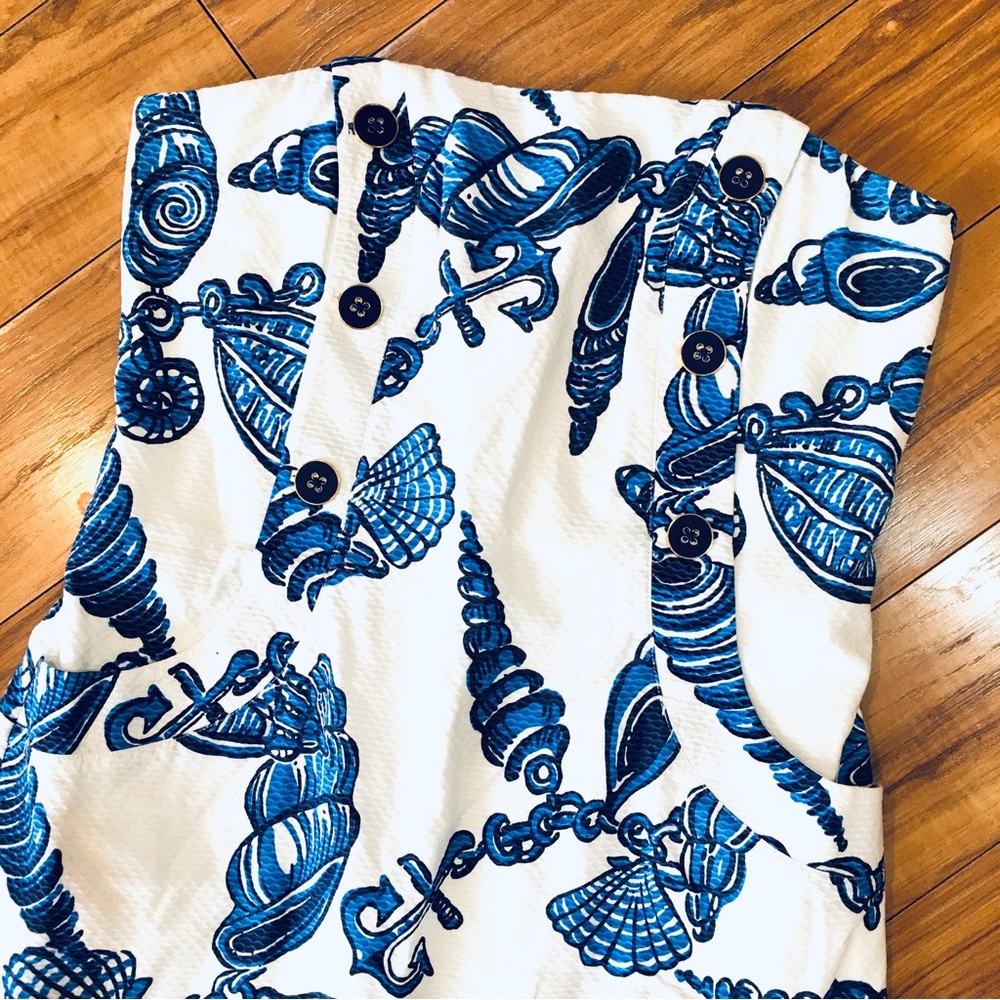Lilly Pulitzer White Strapless Dress with Blue Shell Print
